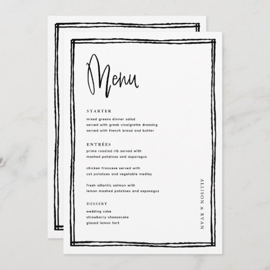 Menu Table de Mariage français manuscrite (Devant / Derrière)