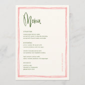Menu Table de Mariages manuscrite rose et vert français (Devant)