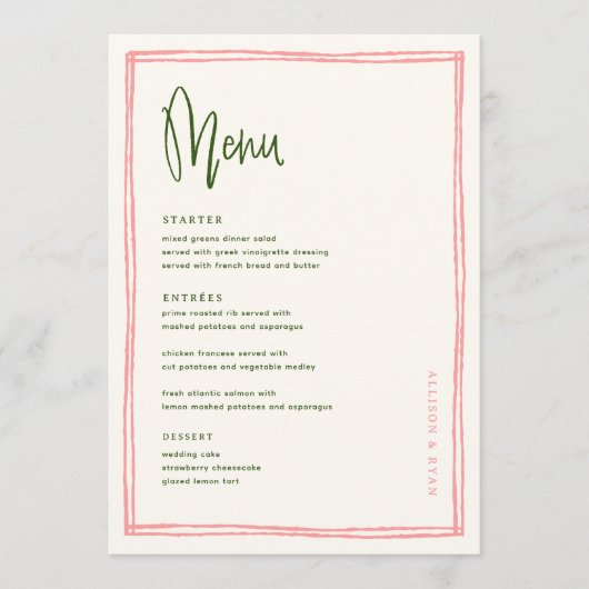 Menu Table de Mariages manuscrite rose et vert français (Devant)