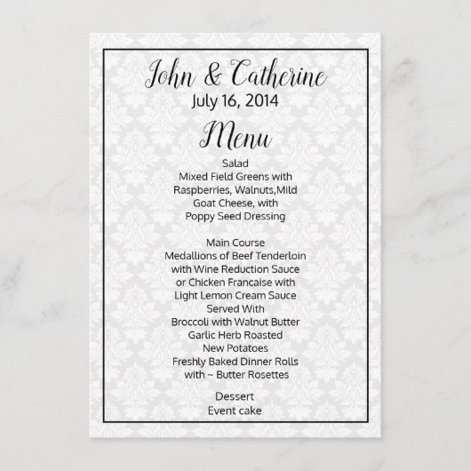 Menu Table Mariage damassé noir et blanc (Devant)