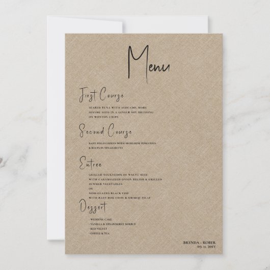 Menu Tan linen Simple Black Script Weddenschap Kaart (Voorkant)