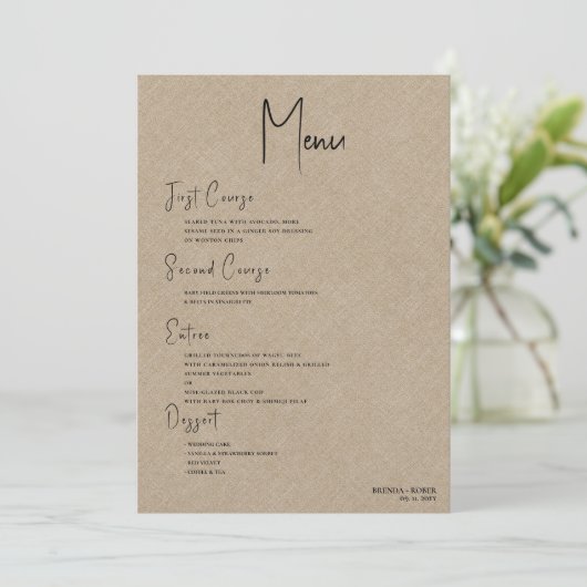Menu Tan linen Simple Black Script Weddenschap Kaart (Staand voorkant)