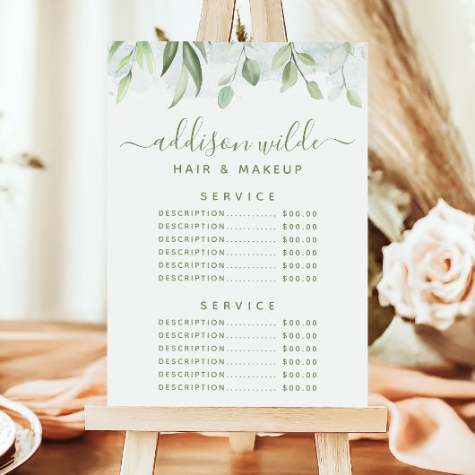 Menu Tarif de service de verdure aquarelle rustique
