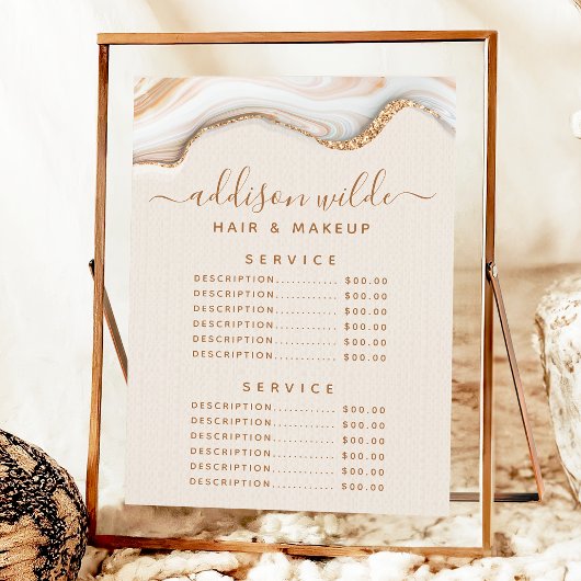 Menu Tarif de service en marbre d'agate pailleté or élé
