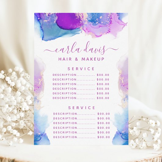 Menu Tarif du service d'encre violette bleue de script
