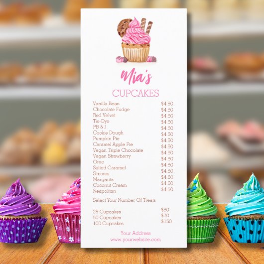 Menu Tarification de Cupcake Rose à l'aquarelle avec Co