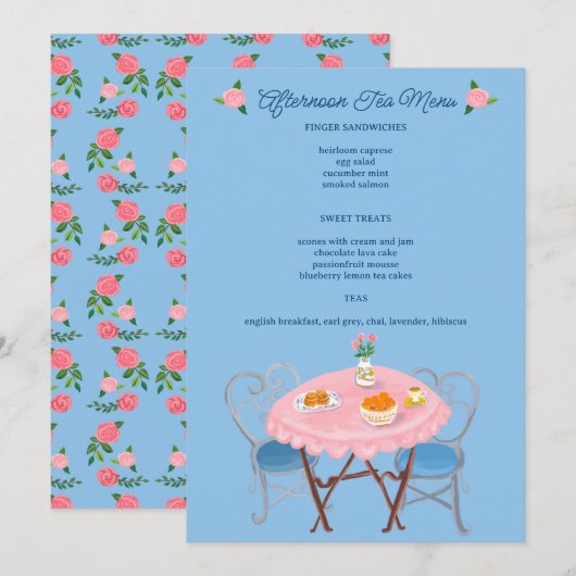 Menu Tea Party Roses Cute CUSTOM (Devant / Derrière)