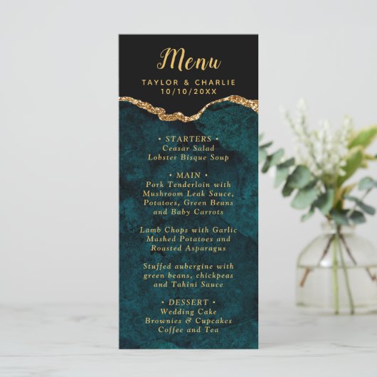Menu Teal Blue and Gold Agate Marble Wedding (Debout devant)