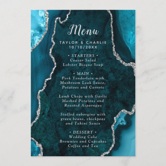 Menu Teal Blue and Silver Agate Marble Wedding (Devant)