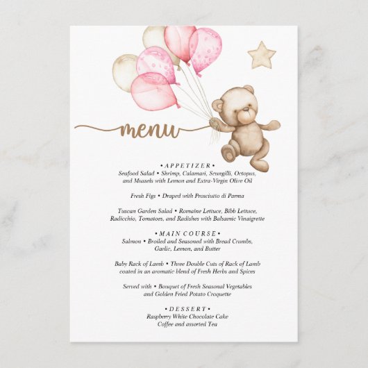 Menu Teddy Bear Baby Baby shower (Voorkant)