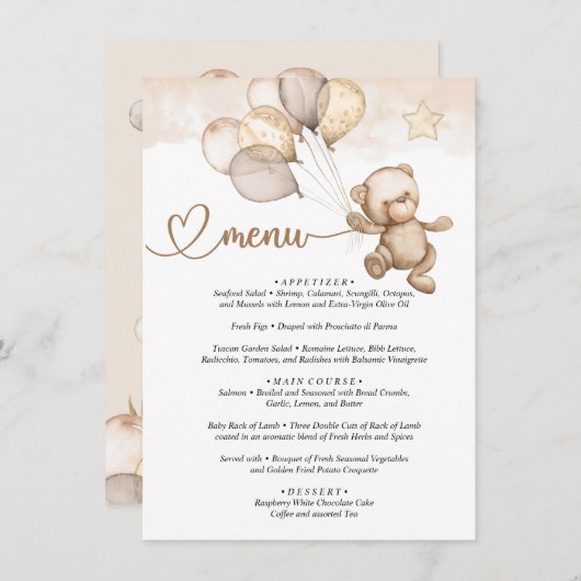 Menu Teddy Bear Baby Bear Baby shower (Devant / Derrière)