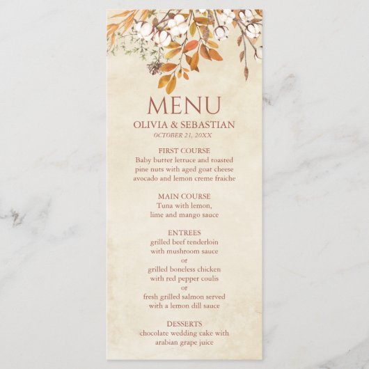 Menu Terracotta Automne quitte Boho Mariage de automne (Devant)