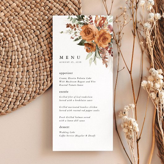 Menu Terracotta Boho Rose Wedding Reception Dinner
