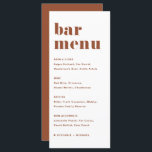 Menu Terracotta Bold Retro Typographie Mariage Bar<br><div class="desc">Ajoutez ce papier à lettres de carte à barres personnalisable à votre paysage de table d'évènement. Ils présentent une typographie rétro audacieuse et une typographie en terre cuite simple. Cette carte de menu boho bar est parfaite pour les mariages,  les douches nuptiales,  les baby showers,  et bien plus encore.</div>