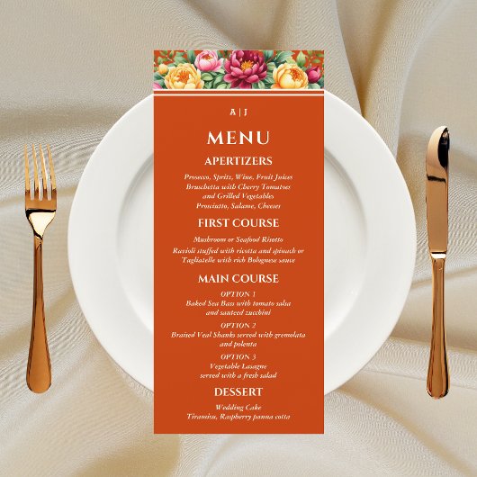 Menu Terracotta Bourgogne Jaune Mariage Floral