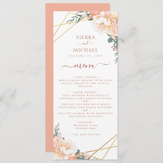 Menu Terracotta Floral Peach Gold Mariage Réception (Devant / Derrière)