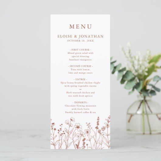 Menu Terracotta Rustic Floral Automne Fleur sauvage Mar (Debout devant)