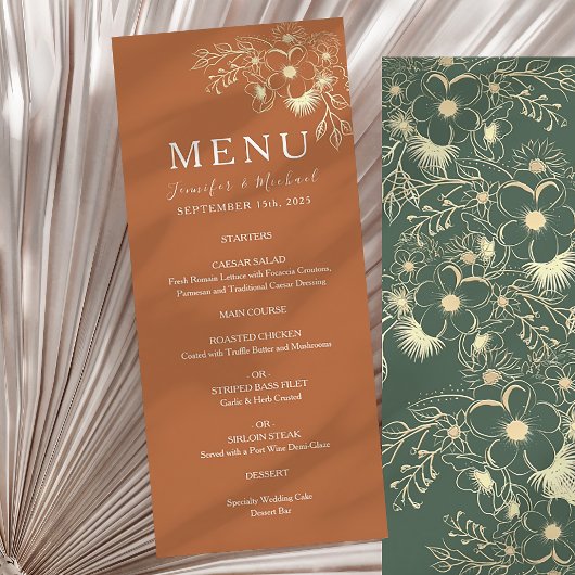 Menu Terracotta Vert Olive et Fleurs Mariage Or