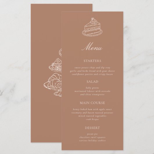 Menu Thé de l'après-midi Mariage Brun Dessiné à la Main (Devant / Derrière)