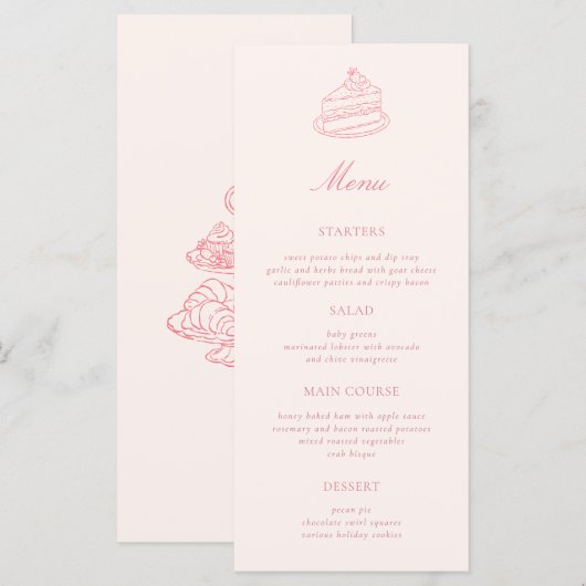 Menu Thé de l'après-midi Mariage Rose Dessiné à la Main (Devant / Derrière)