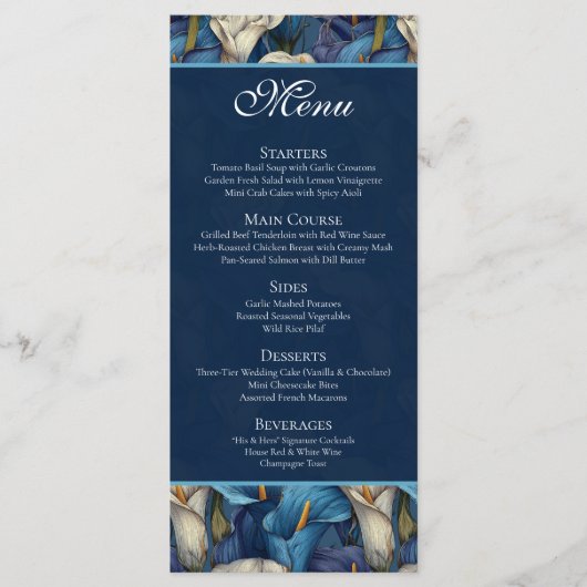 Menu Thème de mariage rustique avec lys calla bleu clas (Devant)