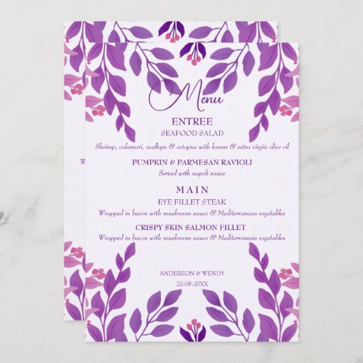 Menu Thème Mariage Feuille violet (Devant / Derrière)
