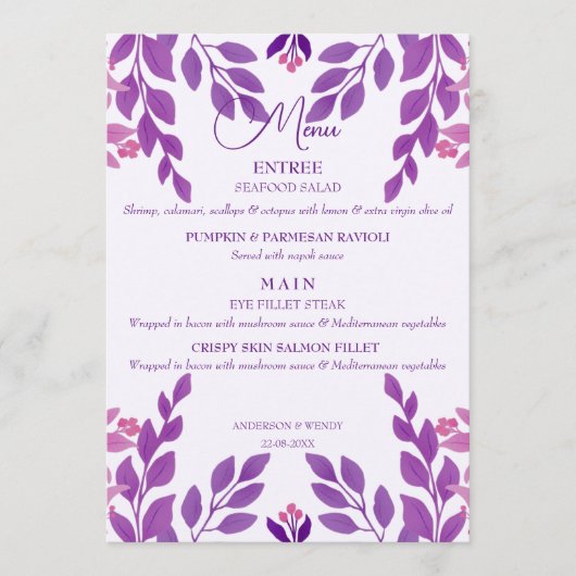 Menu Thème Mariage Feuille violet (Devant)