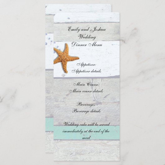 Menu Thème Plage Starfish Mariage Rustique (Devant / Derrière)
