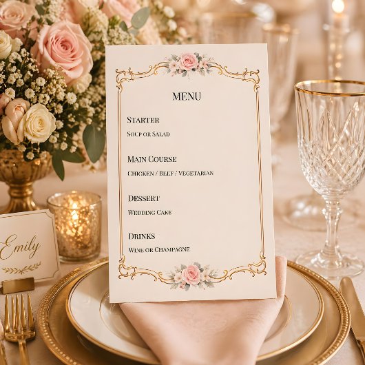 Menu Thème Rococo Élégant Mariage Rose Pâle