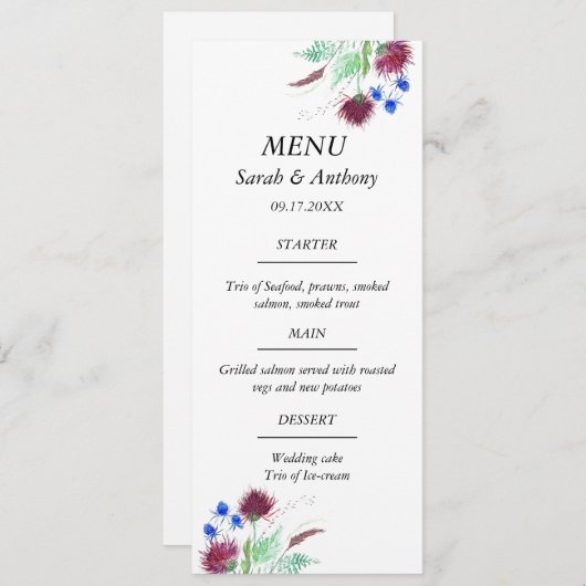 Menu Thistère Ecosse Floral Aquarelle Mariage (Devant / Derrière)