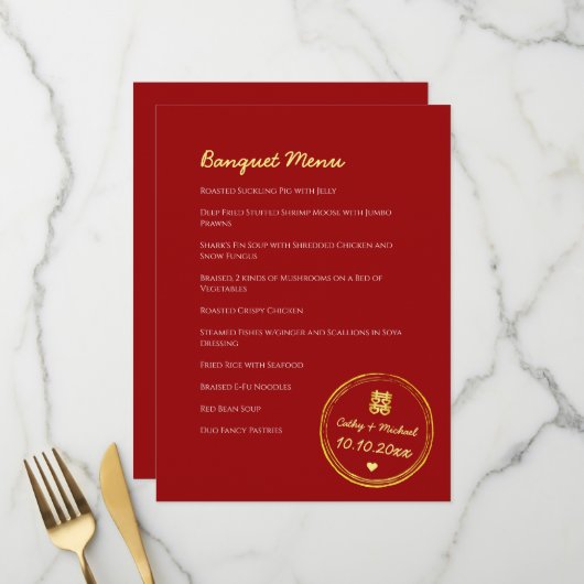 Menu Timbre de double bonheur de mariage chinois rouge (Devant/Arrière en situation)