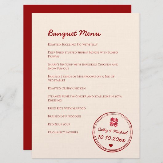 Menu Timbre mariage chinois rose rouge double bonheur (Devant / Derrière)