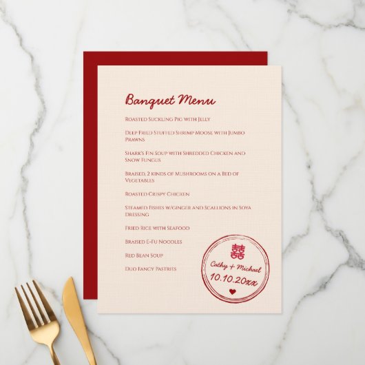 Menu Timbre mariage chinois rose rouge double bonheur (Devant/Arrière en situation)