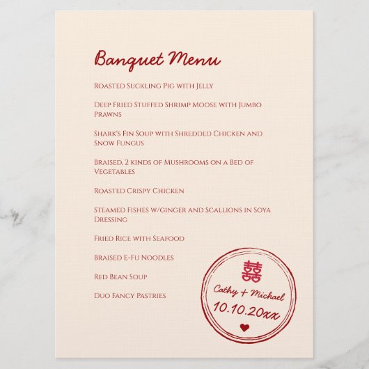 Menu Timbre mariage chinois rose rouge double bonheur (Devant)