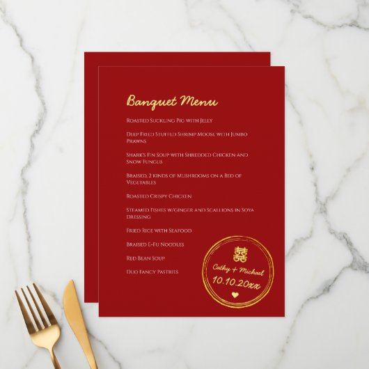 Menu Timbre mariage chinois rouge double bonheur (Devant/Arrière en situation)