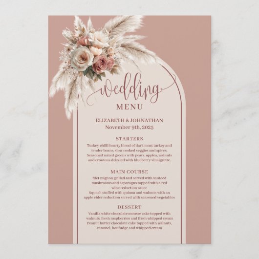 Menu Timeless Boho Dusty Rose Pampas Floral Wedding  (Devant)