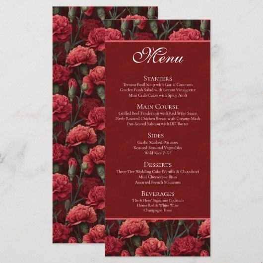 Menu Timeless Red Carnation Aesthetic Boho Wedding (Devant / Derrière)
