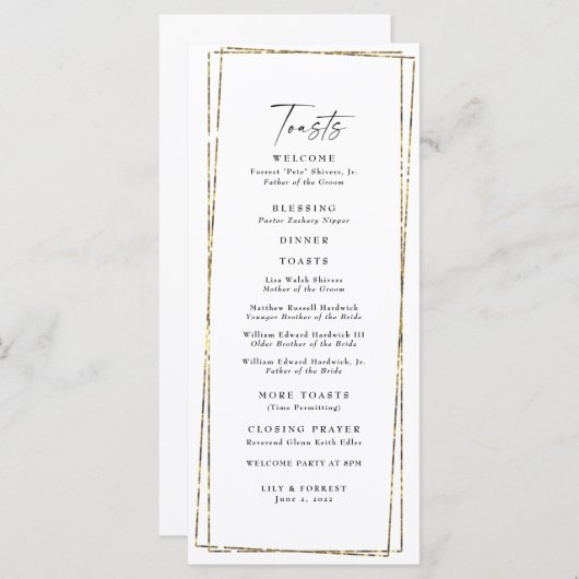 Menu Toasts élégants Mariages à cadre géométrique or (Devant / Derrière)