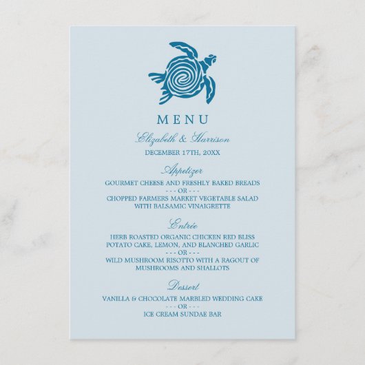 Menu Tortue de mer océanique, mariage sur la plage bleu (Devant)