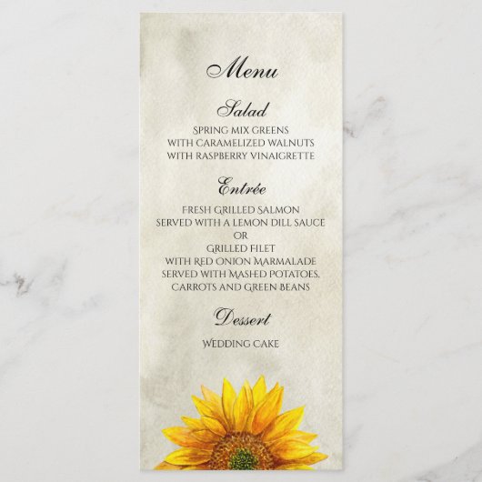 Menu Tournesol. Carte de menu de dîner de mariage (Devant)