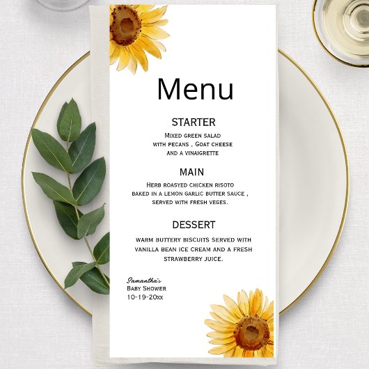 Menu Tournesol d'aquarelle minimaliste
