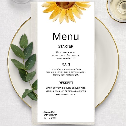 Menu Tournesol d'aquarelle minimaliste