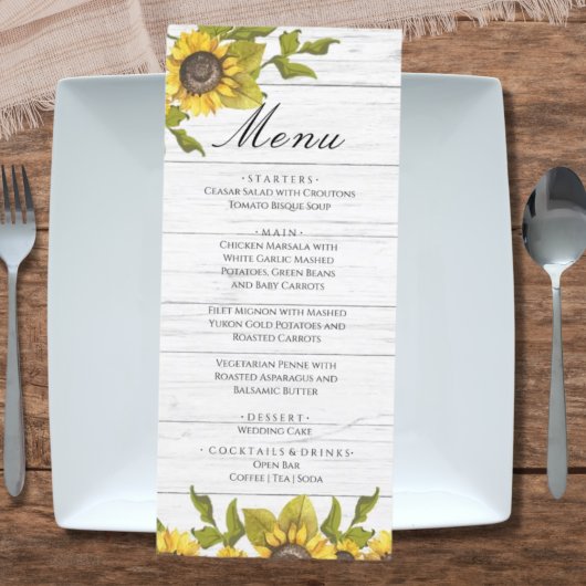 Menu Tournesol de mariée en bois blanc Patiné rustique