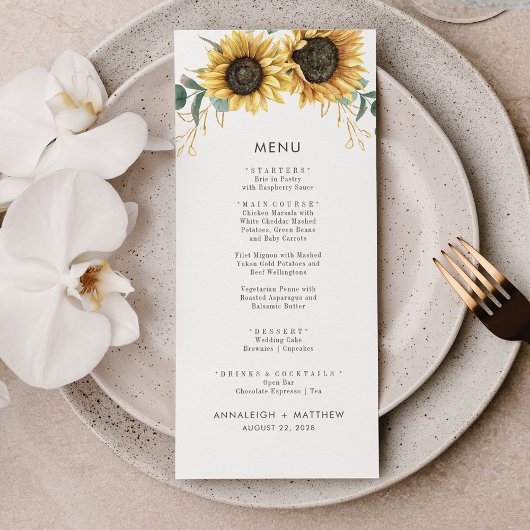 Menu Tournesol Eucalyptus Aquarelle Mariage botanique