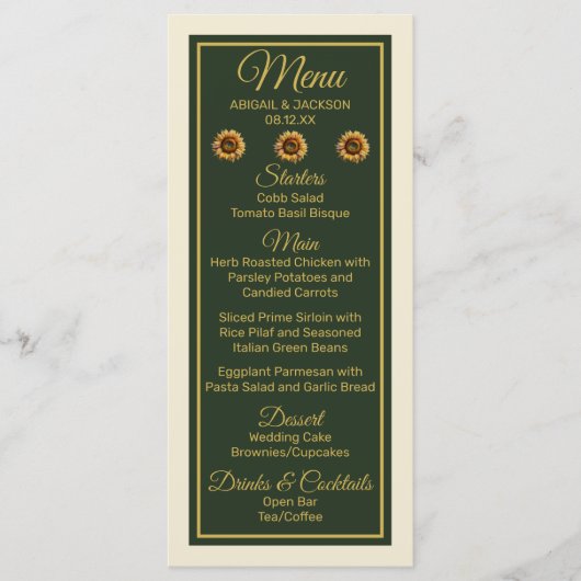Menu Tournesol Mariage Forêt vert et or (Devant)