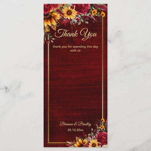 Menu tournesol rose mariage de automne (Dos)