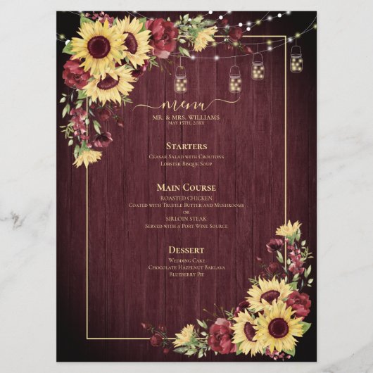 Menu Tournesol rustique Bourgogne Bois Mariage Floral (Devant)