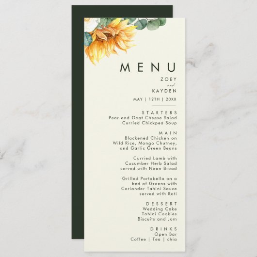 Menu Tournesol Tournesol clair Jaune Mariage Dîner (Devant / Derrière)