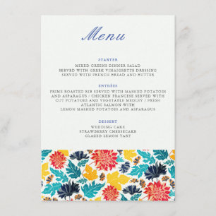Menu Tournesols Aquarelle Jaune Bleu Naturel Mariage