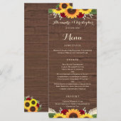 Menu Tournesols Rustiques Bourgogne Rouge Roses Mariage (Devant / Derrière)